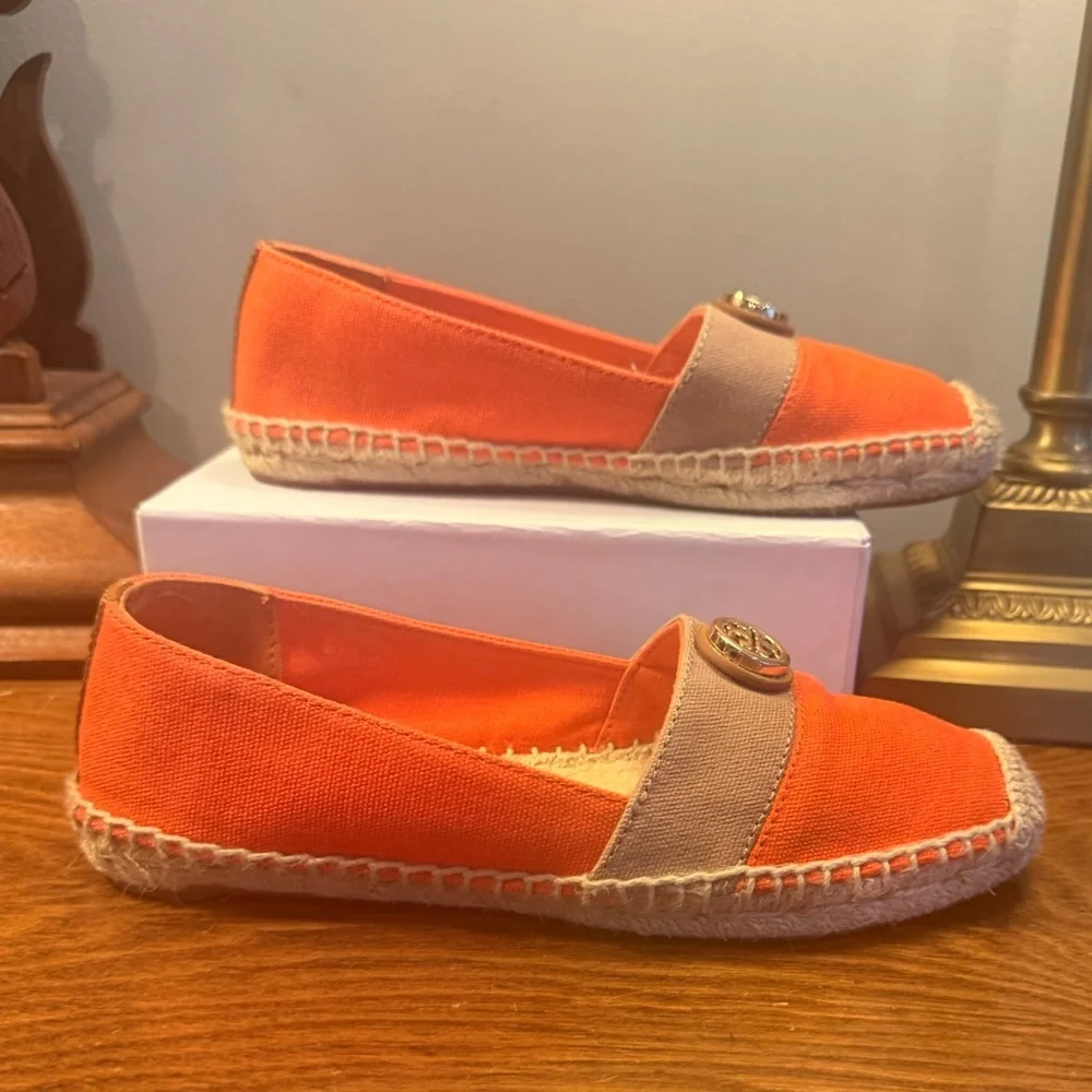 Tory Burch Beacher Orange Tan Gold Espadrilles Size 5.5